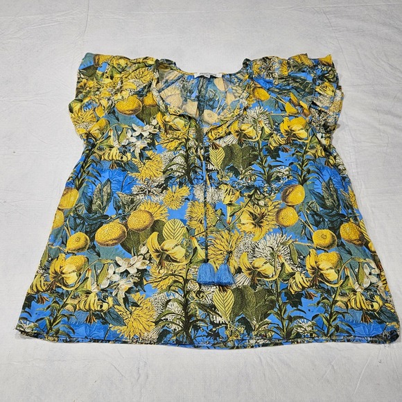 Rose + Olive Womens Blue Lemon Floral Tassel V-Neck Flutter Sleeve Blouse Large - Picture 4 of 10